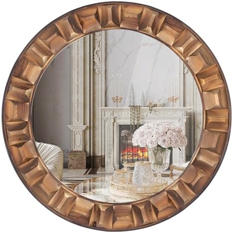 30 Inch Dark Brown Solid Wood Round Wall Mirror by XGGJWW