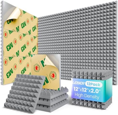 Sound Proof Foam Panels for Walls 12 pack Pyramid Self-Adhesive by LEIYER