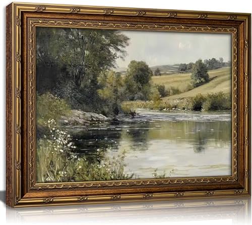 Vintage Gold Framed Wall Art Retro Rustic Farmhouse Green Nature Landscape by VintageGoldFramedWallArt