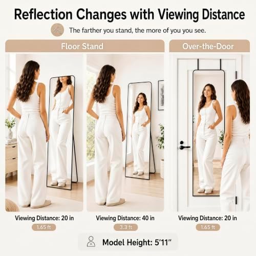 57x20" Full Length Mirror Floor Stand, Over the Door, Wall Mounted Black - Image 4