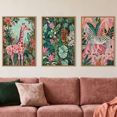 Aryroi Boho Sage Green Pink Giraffe Zebra Jungle Framed Canvas Wall Art Set by Aryroi