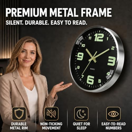 Wall Clock 12 Inch Luminous Silent Large Numerals Black Dial Metal Frame AA - Image 3