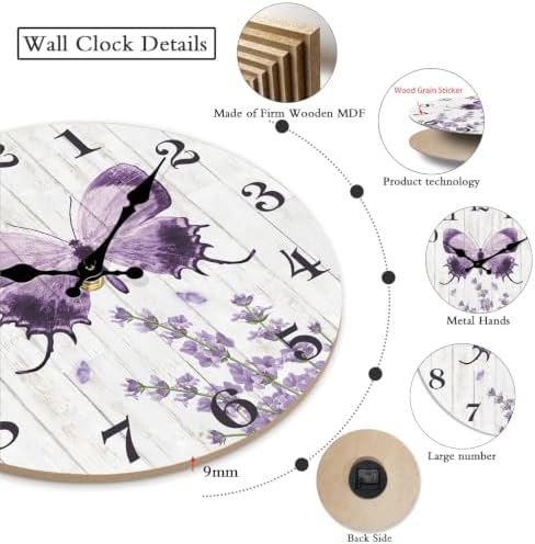 XFM Large Purple Butterfly Wall Clock 24 Inch Silent - Image 3