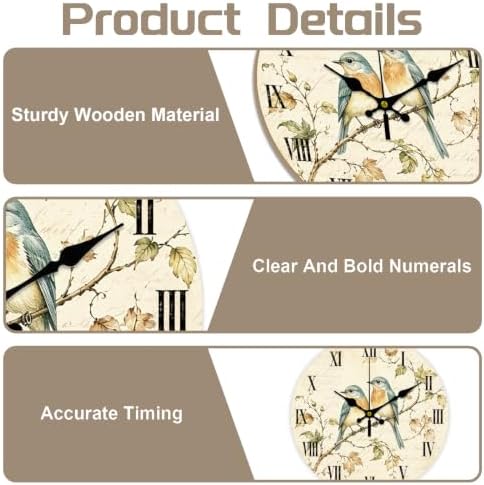 Vintage Birds Wall Clock Silent Non-Ticking 12" - Image 3