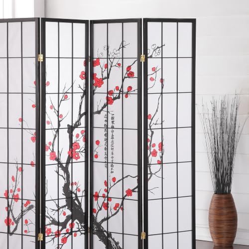 Roundhill Furniture Black Japanese 4-Panel Screen Room Divider, Plum Blossom - Image 3