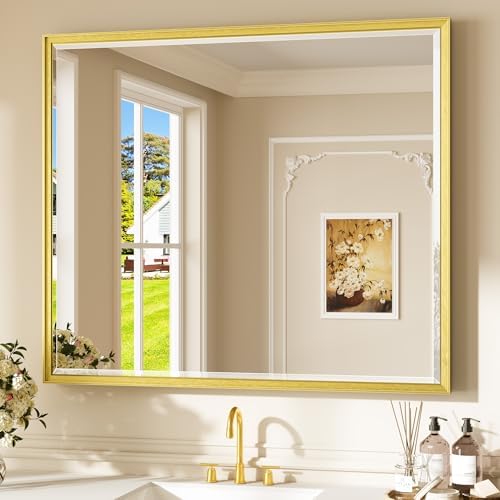 Keonjinn 42" x 36" Brushed Gold Bathroom Mirror, Safe HD Tempered Glass by Keonjinn