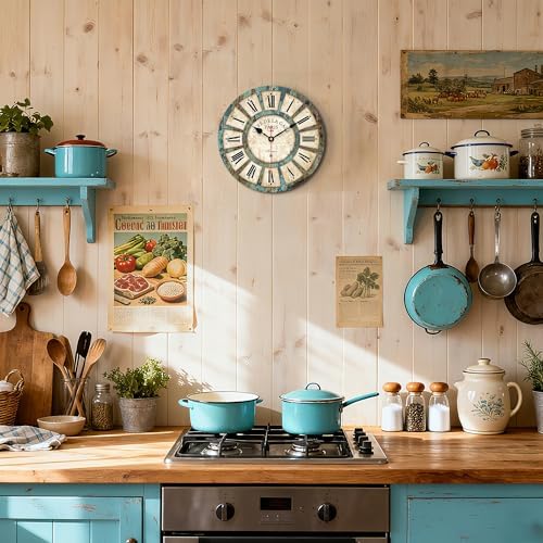 VIKMARI 14" Roman Numerals Wooden Wall Clock Shabby Chic Kitchen Home Decor - Image 5