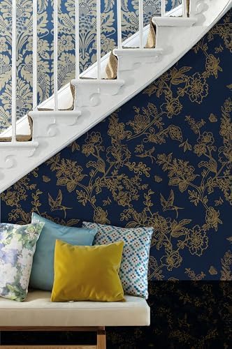 Froluya Dark Blue Peel and Stick Wallpaper Vintage Floral 17.7in×196.8in - Image 3