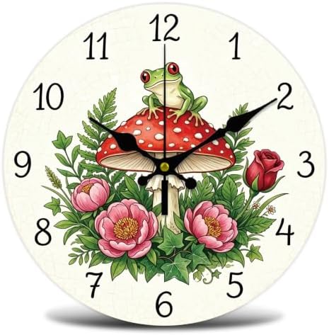 Mushroom & Frog Wall Clock Silent Non-Ticking 12" by WHIMSTITCH