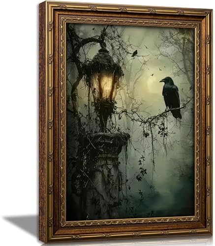 Vintage Gold Framed Crow Canvas Wall Art Dark Academia Gothic Painting Picture by Gothicart