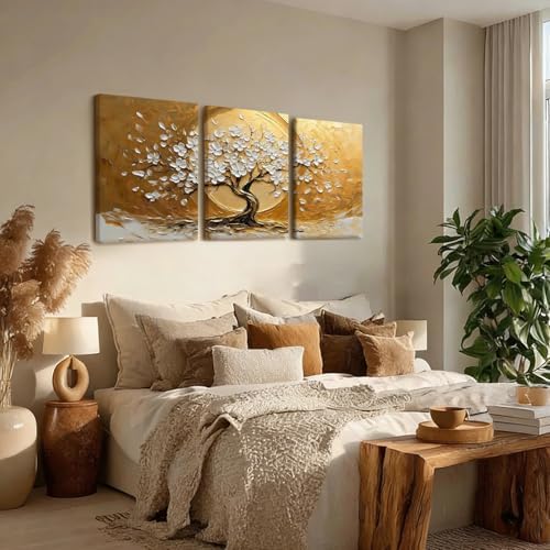 RZIGERNO 3 Pcs Tree of Life Canvas Wall Art Gold White Floral Poster Printing - Image 3