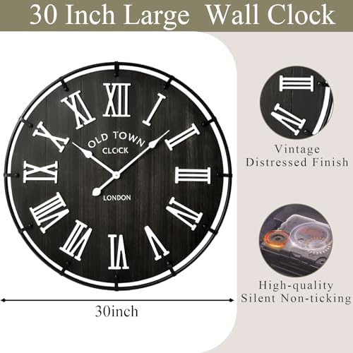 EMAX HOME Inch Large Black Wall Clock, Rustic Distressed Wooden Dial - Image 4