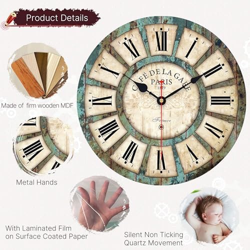 VIKMARI 14" Roman Numerals Wooden Wall Clock Shabby Chic Kitchen Home Decor - Image 2