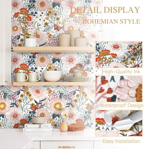 Dimoon Floral Wallpaper Peel and Stick Wallpaper Boho Retro Contact Paper - Image 3