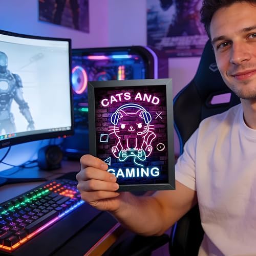 Funny Cat Gaming Wall Art, Neon Gamer Canvas Print Framed, Cute Cartoon Cat - Image 2
