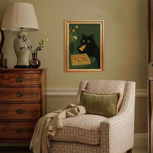 ICHZUMW Gold Framed Funny Black Cat Eating Pizza Canvas Wall Art, 12x16 In - Image 5