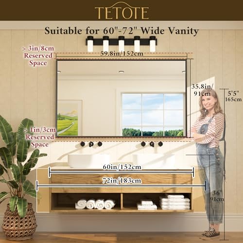 TETOTE Brushed Gold Mirror Beveled Frame 60" x 36" Large Brass Gold Rectangle - Image 6