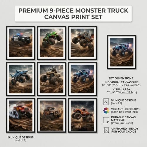 ZBMYYGO Monster Truck Canvas Wall Art Prints Set of 9, Off-Road Racing Decor - Image 3