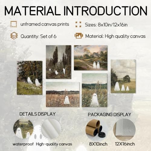 Vintage Landscape Ghost Wall Art Set of 6, Gothic Cute Ghost Halloween Canvas - Image 5