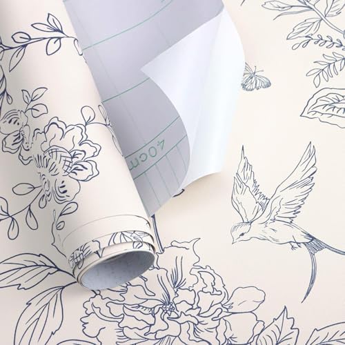 Froluya Cream White and Blue Peel and Stick Wallpaper Floral Contact Paper - Image 5