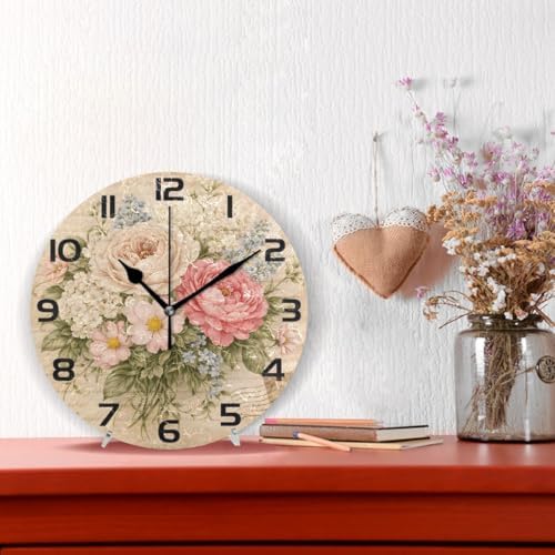 ABLINK Vintage Shabby Chic Rose Floral Round Wall Clock, Silent Non Ticking Oil - Image 2