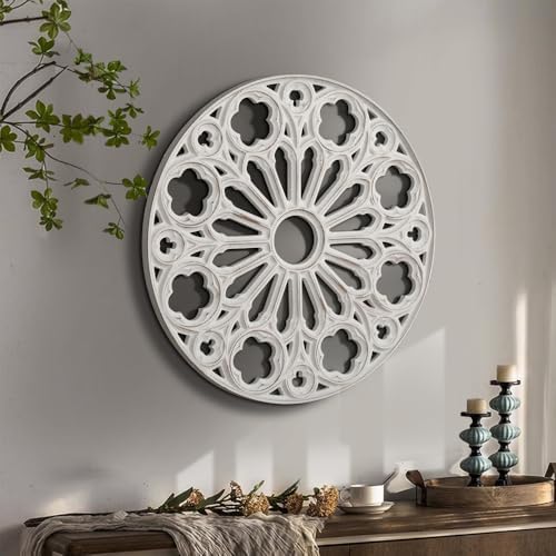 XIAOAIKA Round Hand-Carved Wood Wall Art, Floral Geometric Design, 24 Inch - Image 5