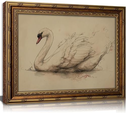 Vintage Gold Framed Swan Wall art, Antique Bird Sketch Canvas Print, by JPDSIIPXZwallart