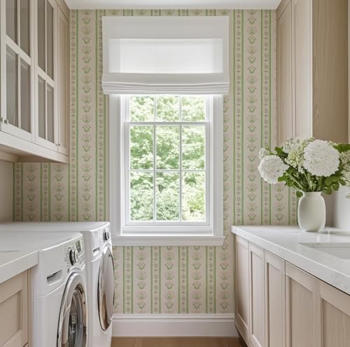 RollsRolla Green Stripe Peel and Stick Wallpaper Featuring Pink Floral - Image 4