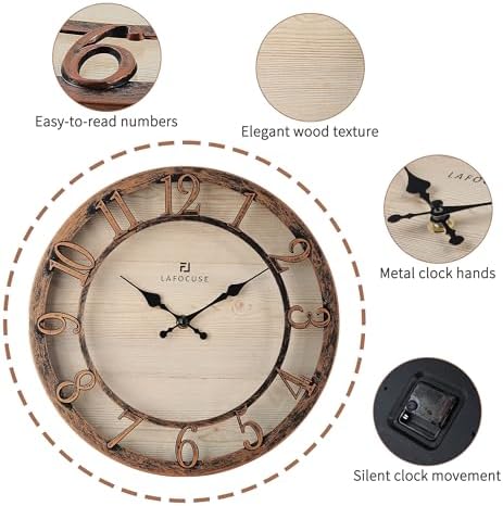 Lafocuse 12 Inch Brown Kitchen Farmhouse Wall Clocks Battery Operated - Image 5