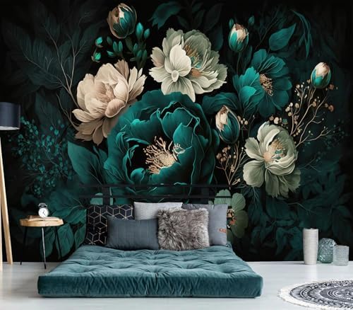 Luxurious Moody Dark Teal & Cream Floral Wallpaper Wall Decor by Unknown