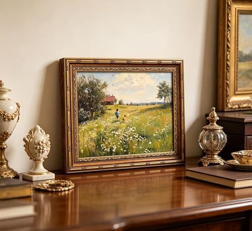 Vintage Gold Framed Wall Art Dog and Boy Landscape Painting Canvas Prints Retro - Image 3