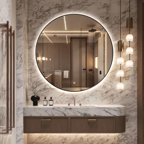 44" Round LED Bathroom Mirror, Wall Mounted Round Backlit Mirror LED Bathroom by TheiaMo