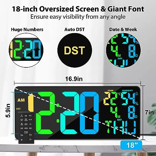 18" Large RGB Digital Wall Clock 11 Color, Remote Auto Dimming Alarm - Image 5