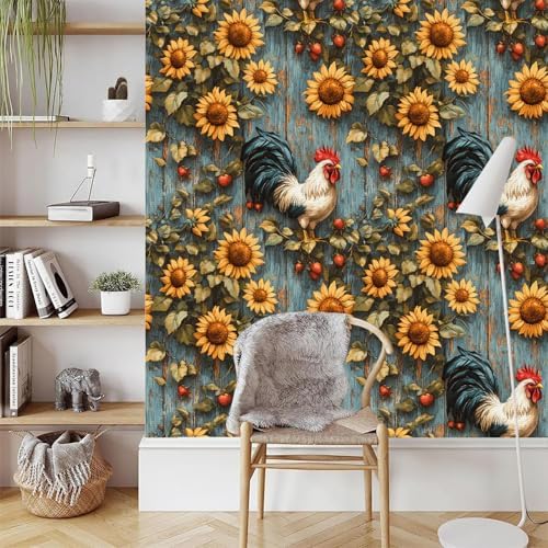 Removable Wallpaper Sunflowers Rooster Peel and Stick Mural Wood Vintage - Image 3