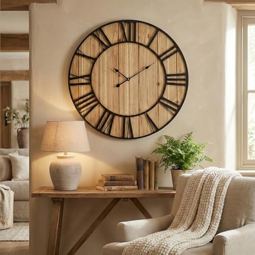 EMAX HOME Large Farmhouse Wall Clock 30 Inch Vintage Brown Wooden Wall Clock - Image 6