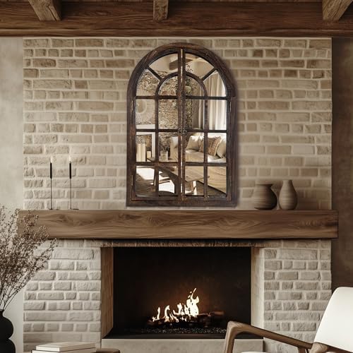 AMOISE Arched Wall Mirror with Wood Window Pane Frame, 24 x 36 Inch - Image 3