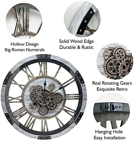 24" Large Wall Clock with Moving Gears, Oversize Vintage Industrial Rustic - Image 4