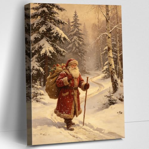 AVANT GARDE CANVAS Christmas Canvas Wall Art, Santa Claus Walking in Snowy by AVANTCARDECANVAS