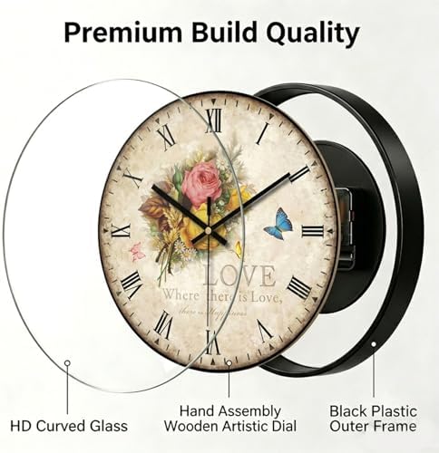 Wall Clock —12-inch Silent, No Ticking Sound, Battery Operated, Vintage Floral - Image 2