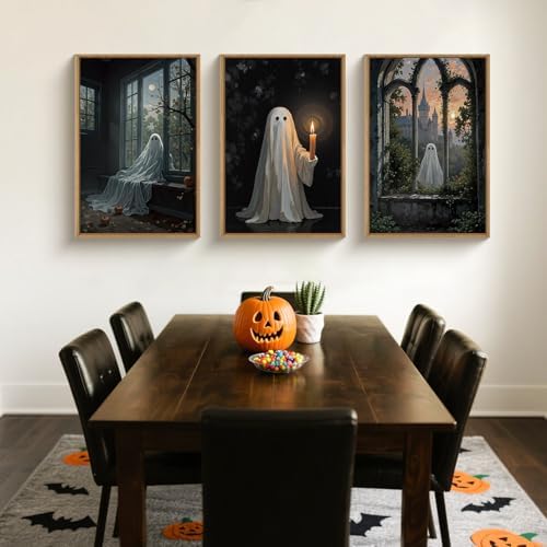 LHIUEM Large Halloween Cute Ghost Framed Canvas Wall Art Set, Vintage Spooky - Image 3