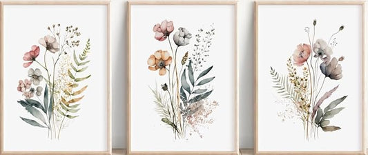 3Pcs Wood Framed Botanical Canvas Wall Art Wildflower Prints Floral Painting by NCYEL