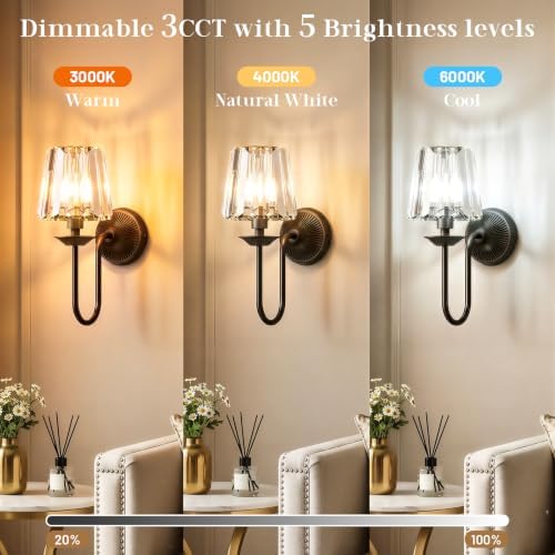 Black Battery Operated Wall Sconces Set of Two, Crystal Wireless Rechargeable - Image 4