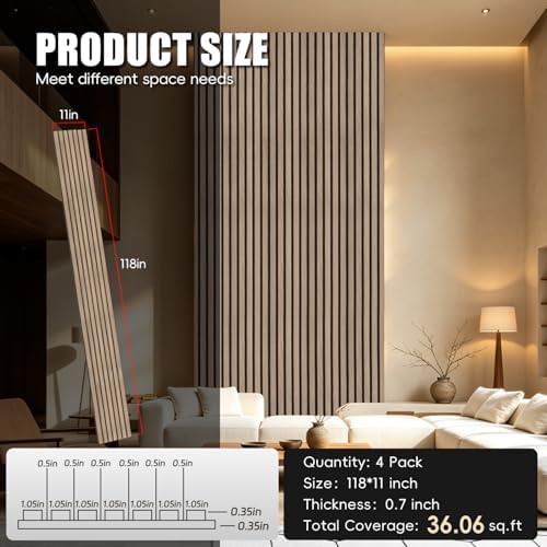 RITOLLO Wood Panels for Wall, 4 Pack Wood Slat Acoustic Panels, 118 x 11 in 3D - Image 2
