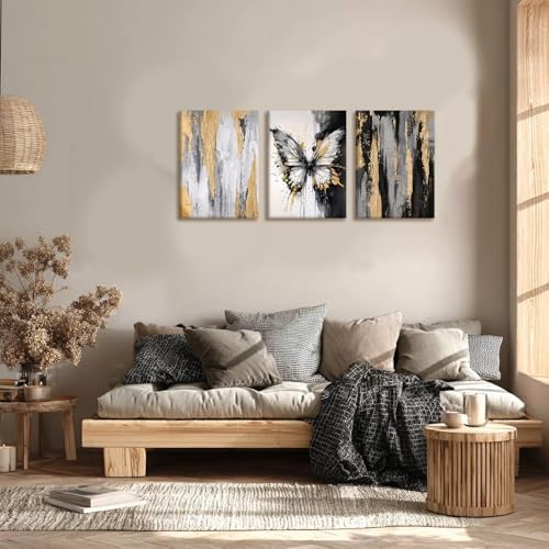 NCCXNCC 3Pcs Abstract Black and Gold Flowing Butterfly Canvas Wall Art - Image 2