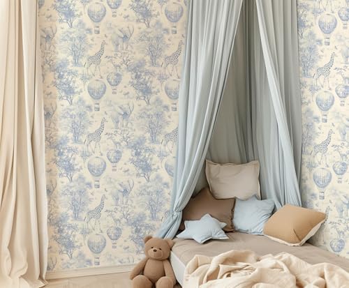 RollsRolla Blue Safari Toile Peel and Stick Wallpaper, Vintage Hot Air Balloon - Image 2