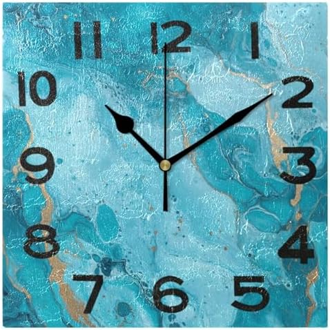 Moderate 8 Inch Square Wall Clock, Beautiful Turquoise Marble Ink Non Ticking by Peystean