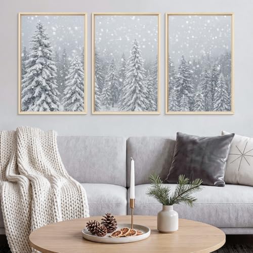 Snowy Christmas Tree Natural Woodland Framed Canvas Wall Art Set- 16"x24"x3 by Aryroi