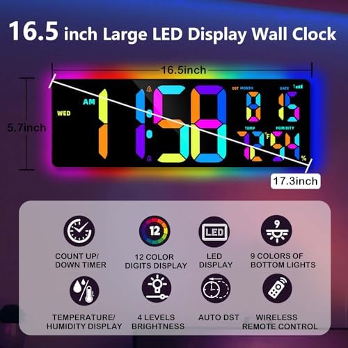 Large Digital Wall Clock 16.5", Count Down Timer, Big LED, RGB Atmosphere Lights - Image 2