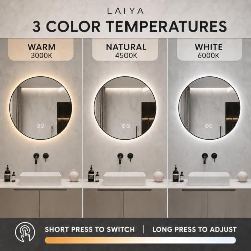 LAIYA 24in Round LED Bathroom Mirror Black Frame Backlit Anti-Fog Dimmable - Image 3