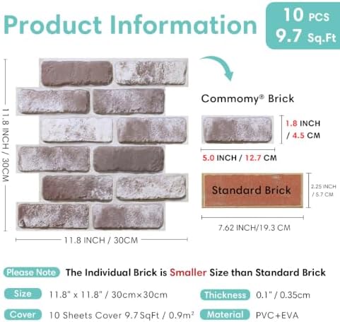 Commomy Faux Brick Wall Panels Peel and Stick Thin PVC 10 Pcs 11.8" x 11.8" - Image 4